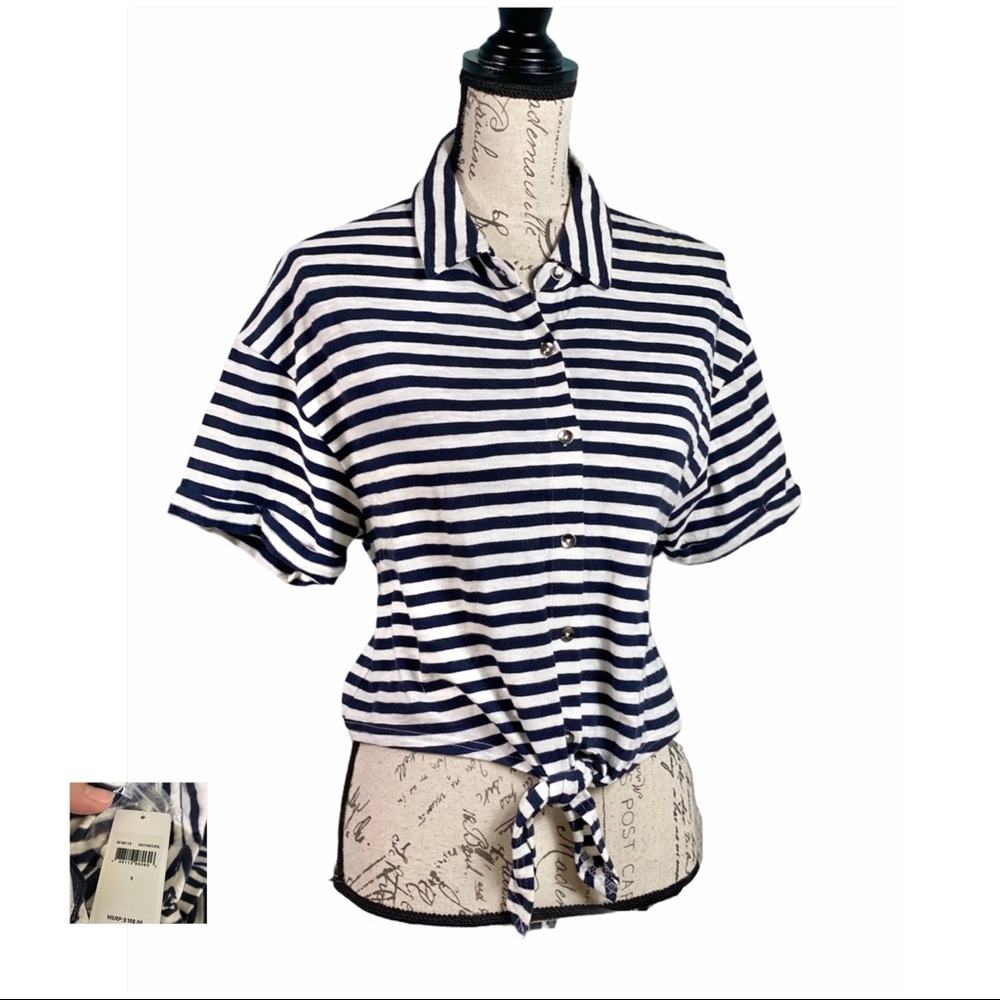 Splendid NWT Navy Striped Tie Front Button Top